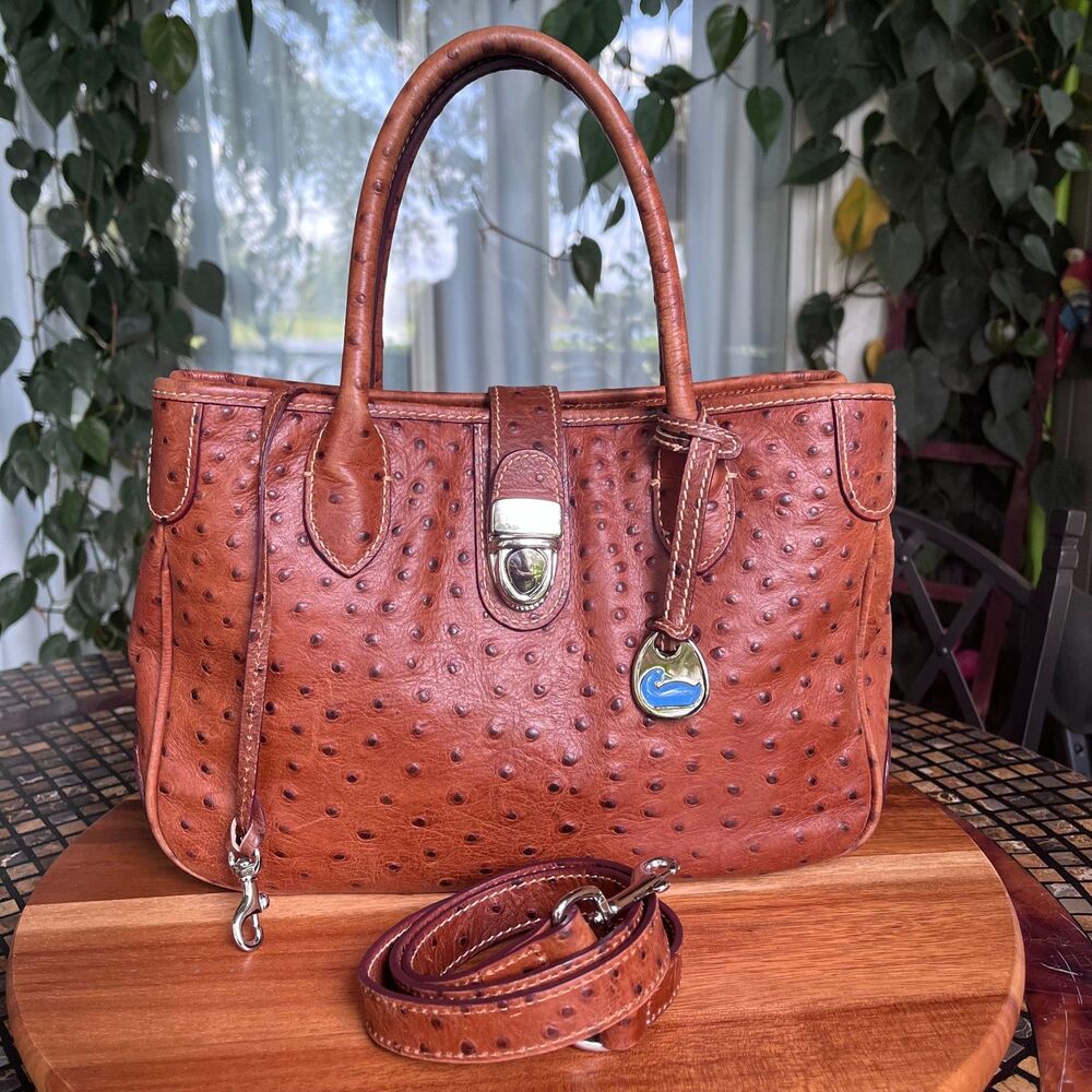 Dooney & Bourke Vintage Ostrich Embossed Brown Leather Crossbody Satchel
